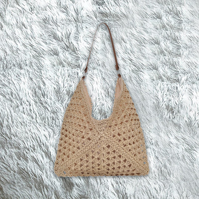 Woven Shoulder Bag Foldable Casual Summer Beach Tote for Beach Vacation Trip Beige