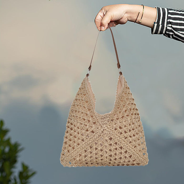 Woven Shoulder Bag Foldable Casual Summer Beach Tote for Beach Vacation Trip Beige