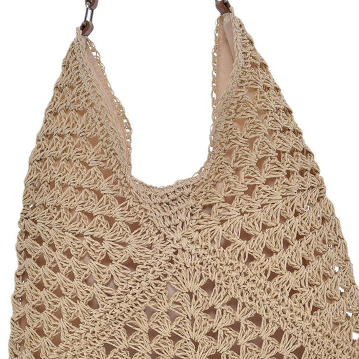 Woven Shoulder Bag Foldable Casual Summer Beach Tote for Beach Vacation Trip Beige