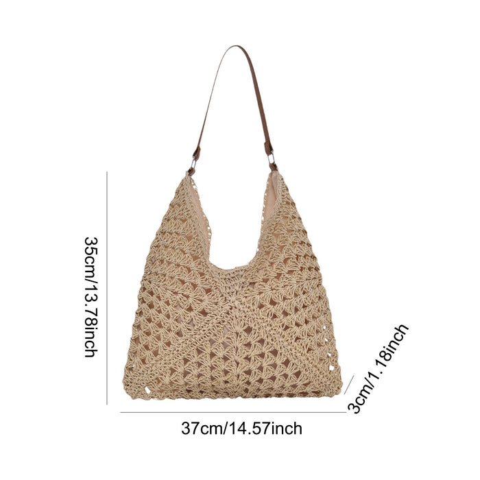 Woven Shoulder Bag Foldable Casual Summer Beach Tote for Beach Vacation Trip Beige