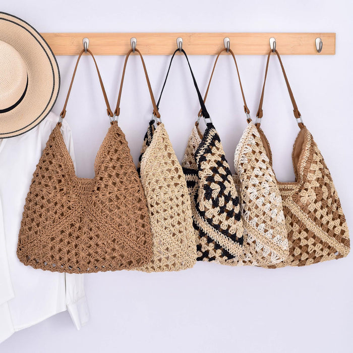 Woven Shoulder Bag Foldable Casual Summer Beach Tote for Beach Vacation Trip Beige