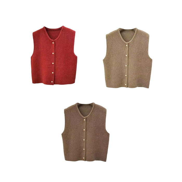 Women Knit Cardigan Vest Button Waistcoat for Commuting Indoor Office Red