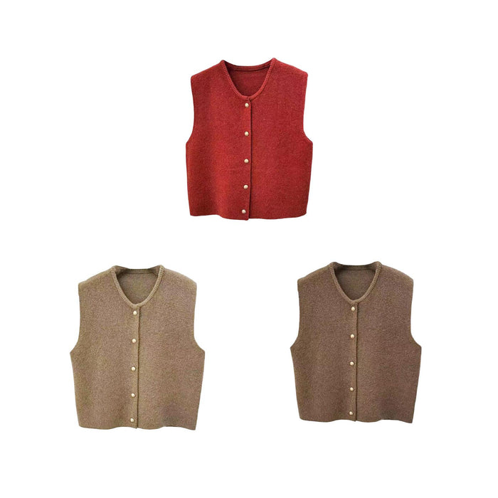 Women Knit Cardigan Vest Button Waistcoat for Commuting Indoor Office Red