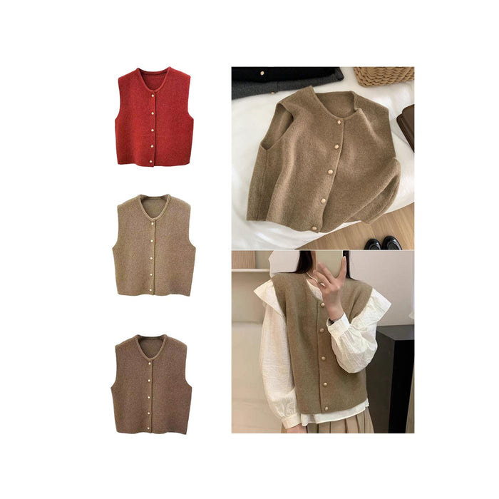 Women Knit Cardigan Vest Button Waistcoat for Commuting Indoor Office Red