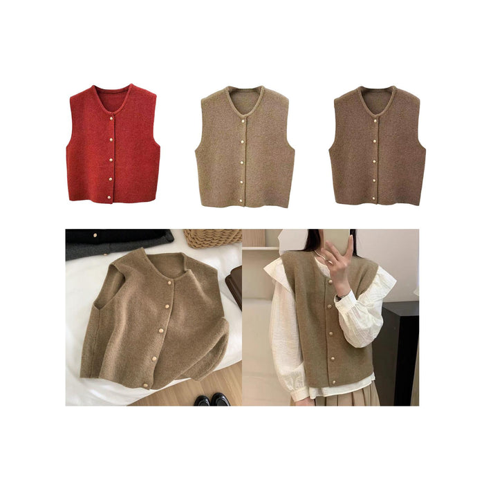 Women Knit Cardigan Vest Button Waistcoat for Commuting Indoor Office Red