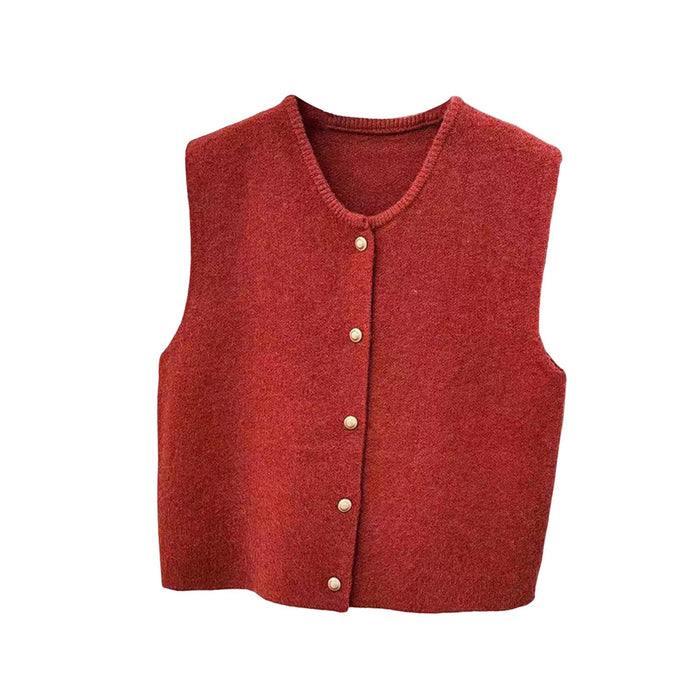 Women Knit Cardigan Vest Button Waistcoat for Commuting Indoor Office Red