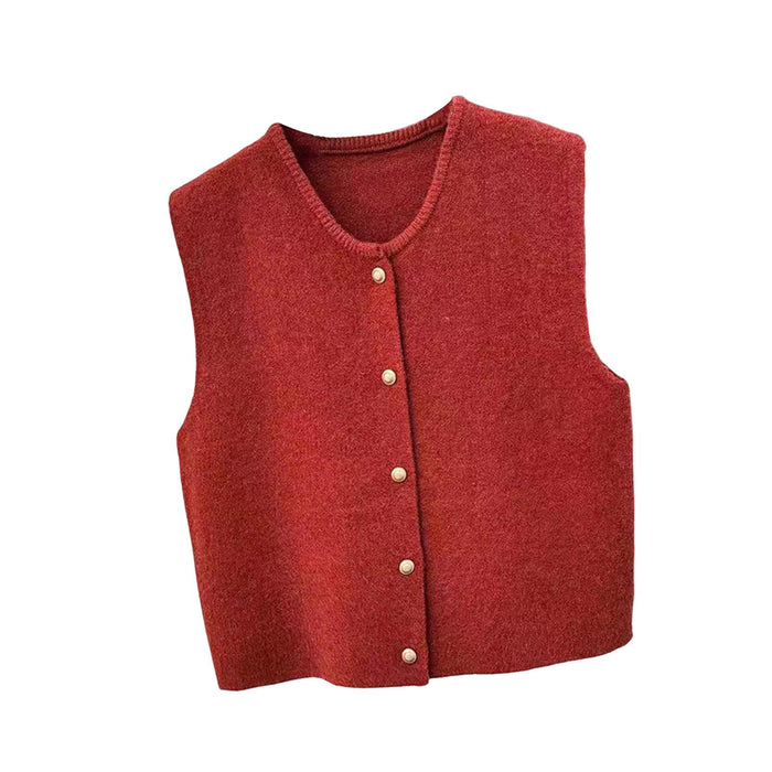 Women Knit Cardigan Vest Button Waistcoat for Commuting Indoor Office Red