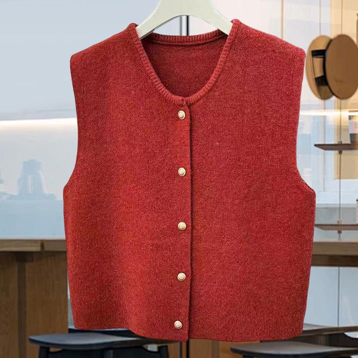 Women Knit Cardigan Vest Button Waistcoat for Commuting Indoor Office Red