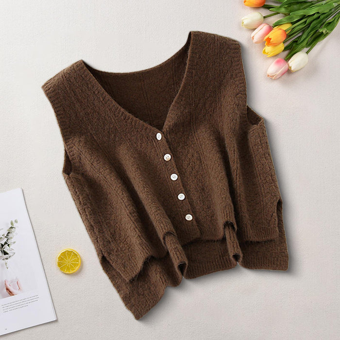 Women Sweater Vest Breathable V Neck Casual Fashion Jumpers Sleeveless Gilet Dark Khaki