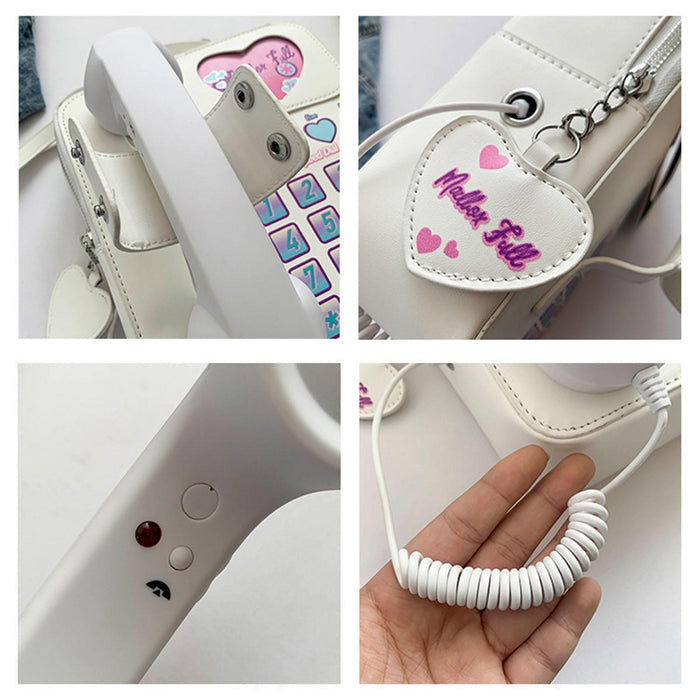 Telephone Crossbody Bag PU Phone Shaped Shoulder Bag for Makeups Cards Girls White