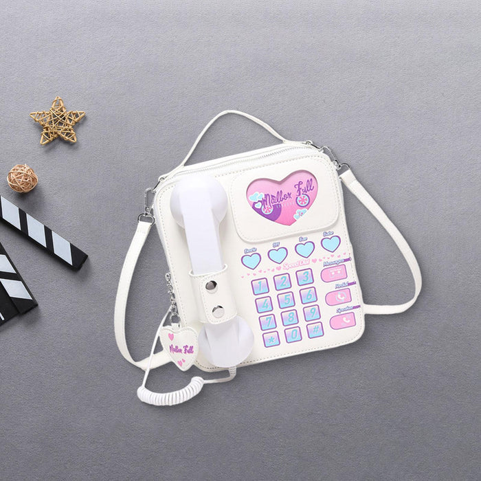 Telephone Crossbody Bag PU Phone Shaped Shoulder Bag for Makeups Cards Girls White