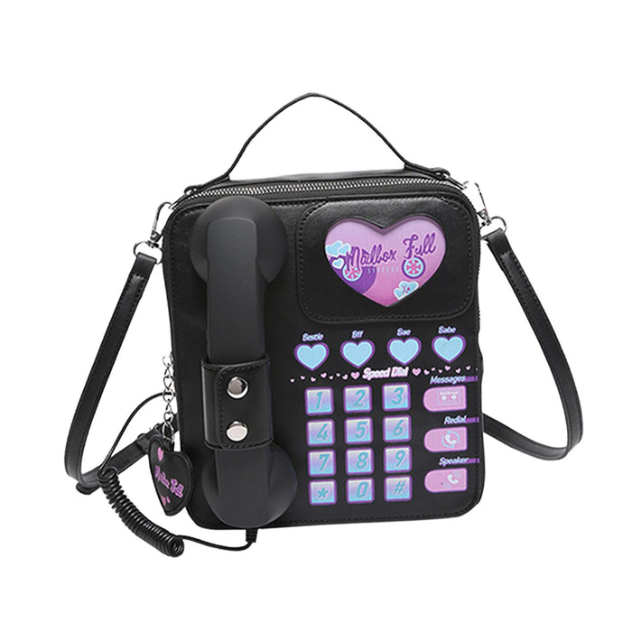 Telephone Crossbody Bag PU Phone Shaped Shoulder Bag for Makeups Cards Girls Black