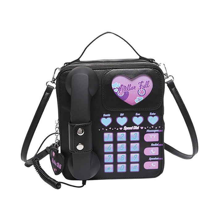 Telephone Crossbody Bag PU Phone Shaped Shoulder Bag for Makeups Cards Girls Black