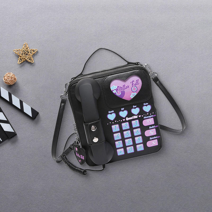 Telephone Crossbody Bag PU Phone Shaped Shoulder Bag for Makeups Cards Girls Black