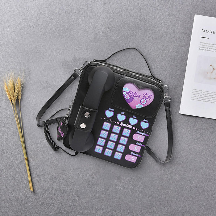 Telephone Crossbody Bag PU Phone Shaped Shoulder Bag for Makeups Cards Girls Black