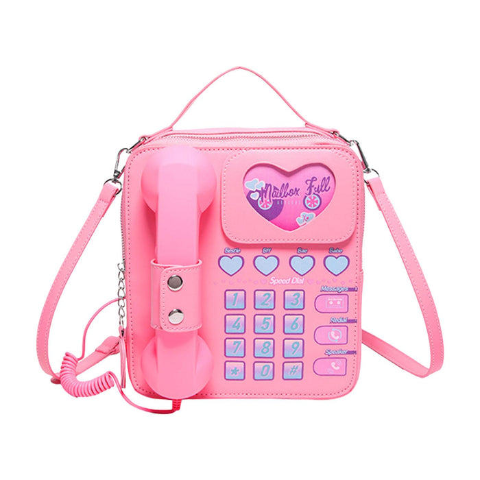 Telephone Crossbody Bag PU Phone Shaped Shoulder Bag for Makeups Cards Girls Pink