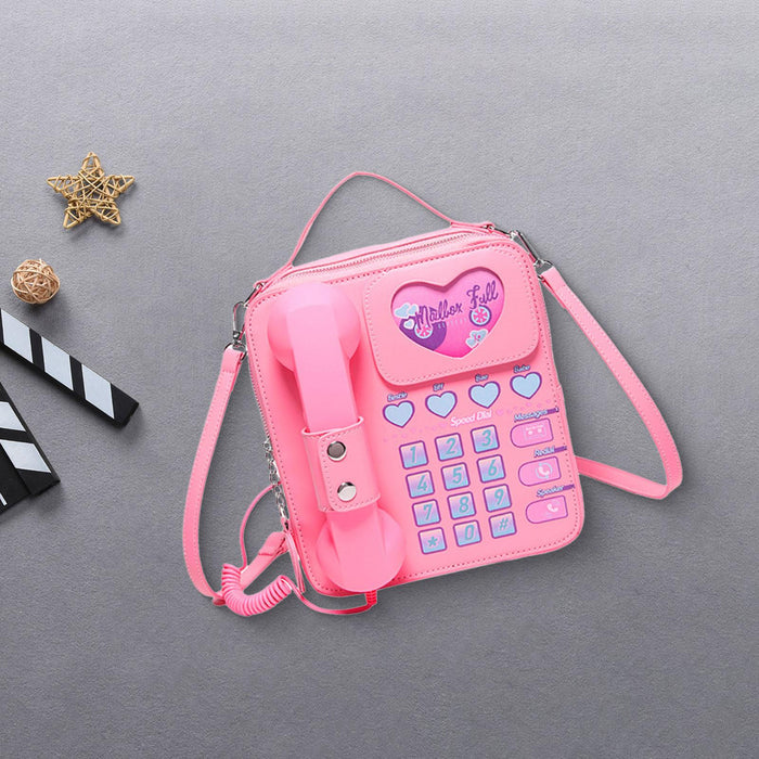 Telephone Crossbody Bag PU Phone Shaped Shoulder Bag for Makeups Cards Girls Pink