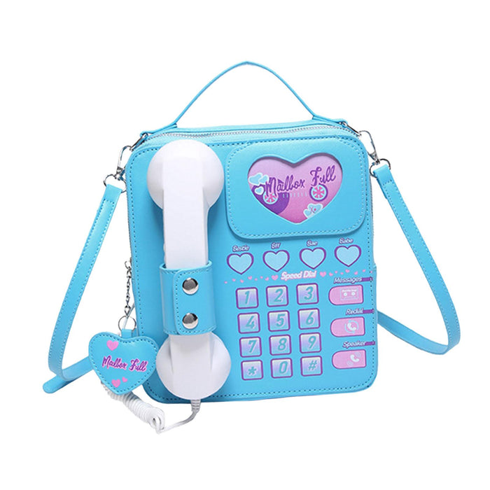 Telephone Crossbody Bag PU Phone Shaped Shoulder Bag for Makeups Cards Girls Blue