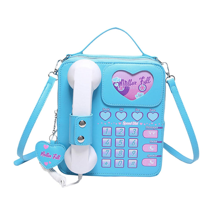 Telephone Crossbody Bag PU Phone Shaped Shoulder Bag for Makeups Cards Girls Blue