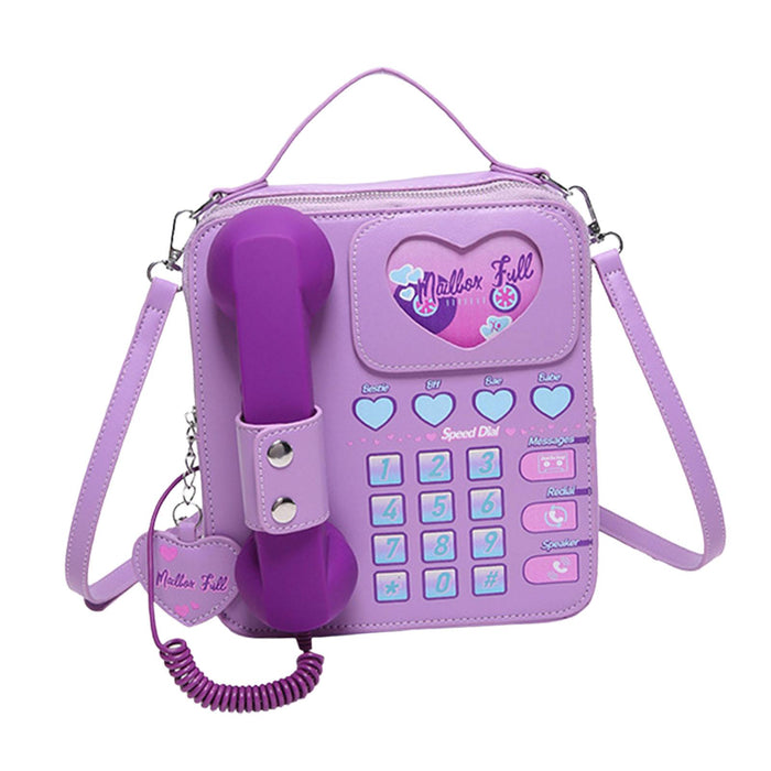 Telephone Crossbody Bag PU Phone Shaped Shoulder Bag for Makeups Cards Girls Purple