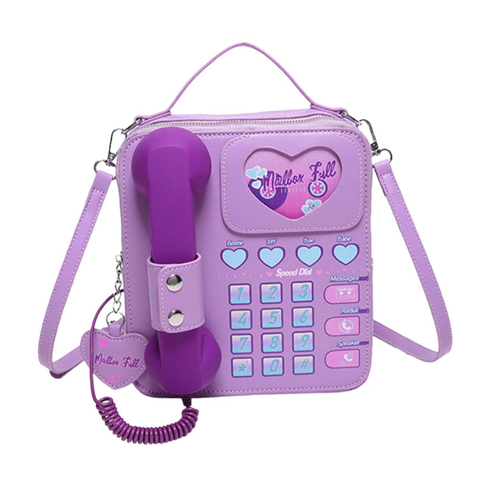 Telephone Crossbody Bag PU Phone Shaped Shoulder Bag for Makeups Cards Girls Purple