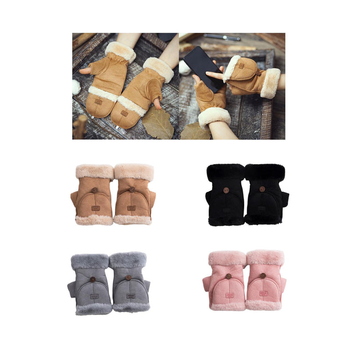 Winter Fingerless Gloves for Women Convertible Flip Top Mittens for Painting Khaki