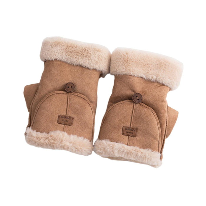 Winter Fingerless Gloves for Women Convertible Flip Top Mittens for Painting Khaki