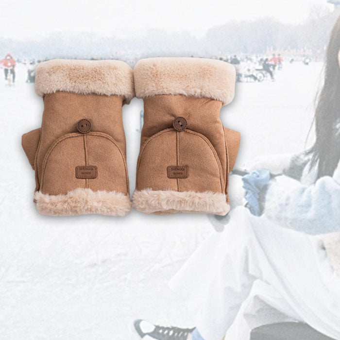 Winter Fingerless Gloves for Women Convertible Flip Top Mittens for Painting Khaki