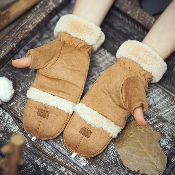 Winter Fingerless Gloves for Women Convertible Flip Top Mittens for Painting Khaki