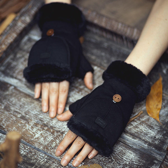 Winter Fingerless Gloves for Women Convertible Flip Top Mittens for Painting Black