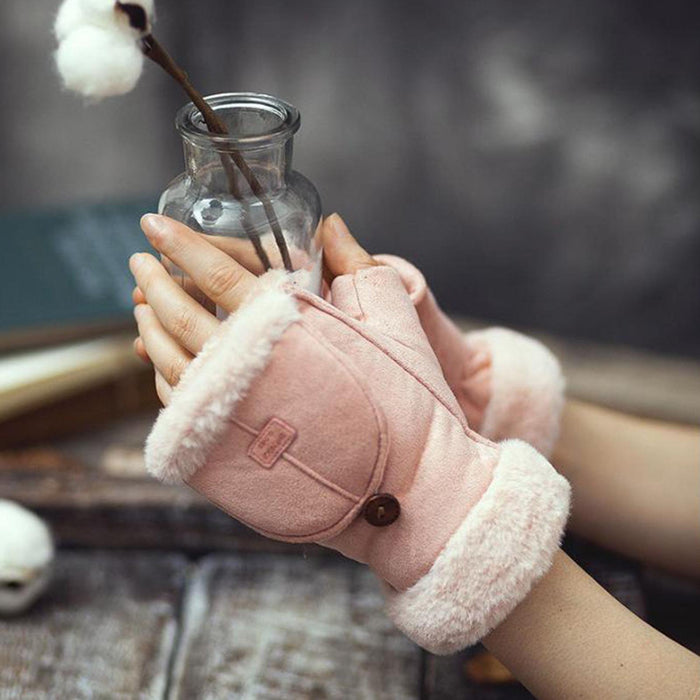 Winter Fingerless Gloves for Women Convertible Flip Top Mittens for Painting Pink