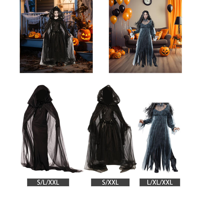 Witch Dress Long Gothic Black Performance Dress up Full Length Vampire Dress Hooded Plain S