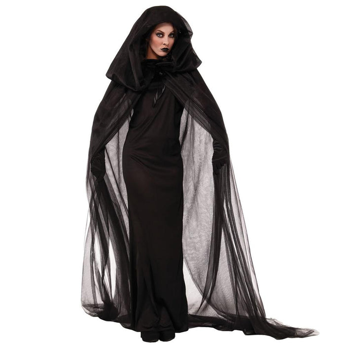 Witch Dress Long Gothic Black Performance Dress up Full Length Vampire Dress Hooded Plain S