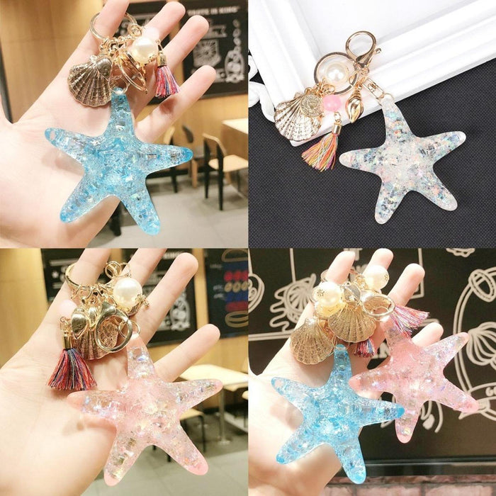 Starfish Keychain Sparkling for Women Keyring for Bag Backpack Birthday Gift Blue