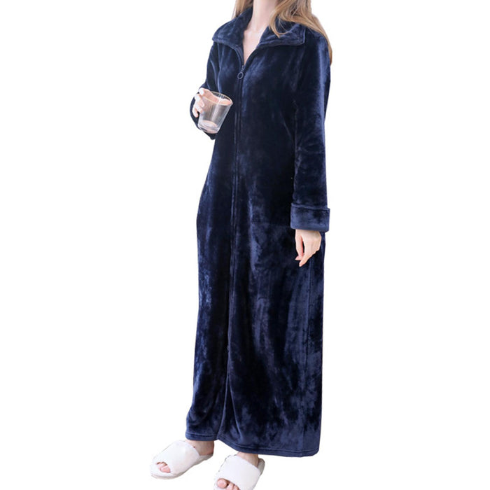 Wearable Blanket Sweatshirt Long Zipper Front Nightgown Thick Onesie Pajamas Women L Blue