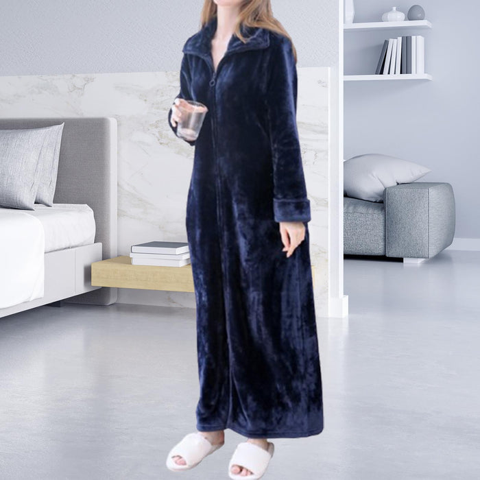 Wearable Blanket Sweatshirt Long Zipper Front Nightgown Thick Onesie Pajamas Women L Blue