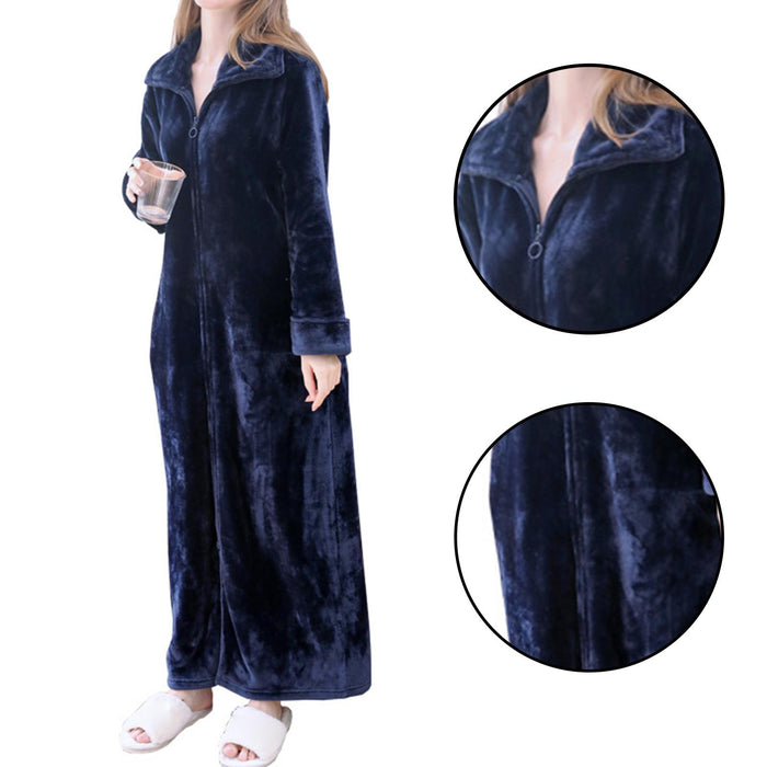 Wearable Blanket Sweatshirt Long Zipper Front Nightgown Thick Onesie Pajamas Women L Blue