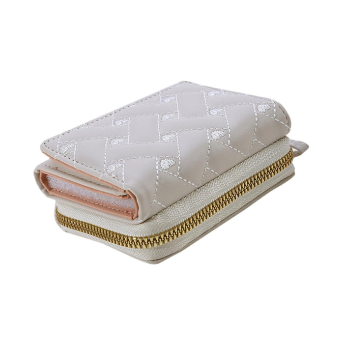 Small Wallet PU Leather Zipper Closure Heart Embroidered Trifold Card Wallet Beige