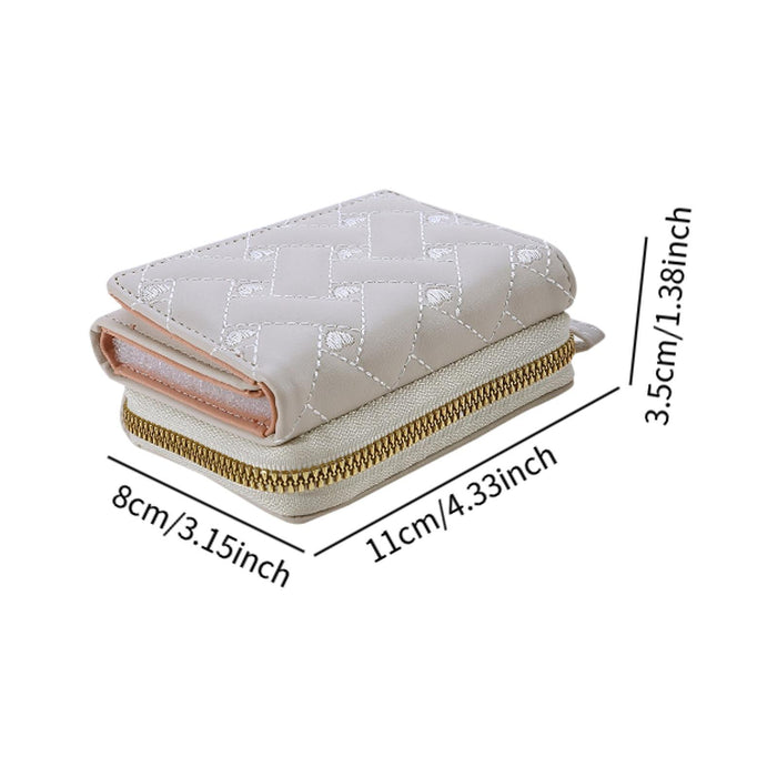 Small Wallet PU Leather Zipper Closure Heart Embroidered Trifold Card Wallet Beige