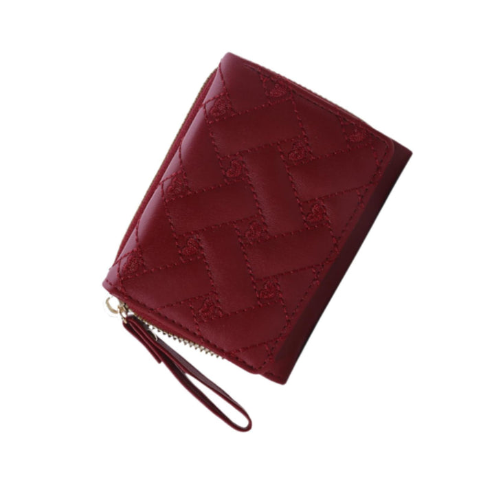 Small Wallet PU Leather Zipper Closure Heart Embroidered Trifold Card Wallet Red