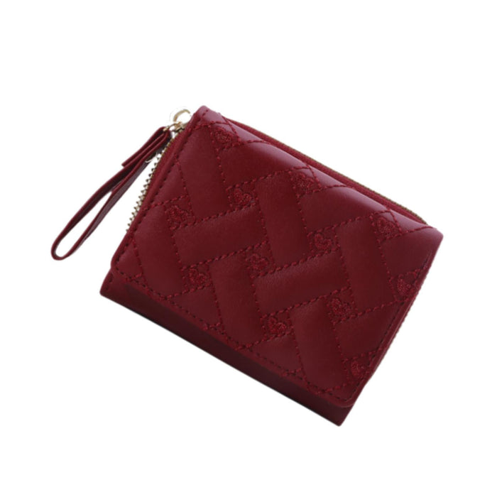 Small Wallet PU Leather Zipper Closure Heart Embroidered Trifold Card Wallet Red