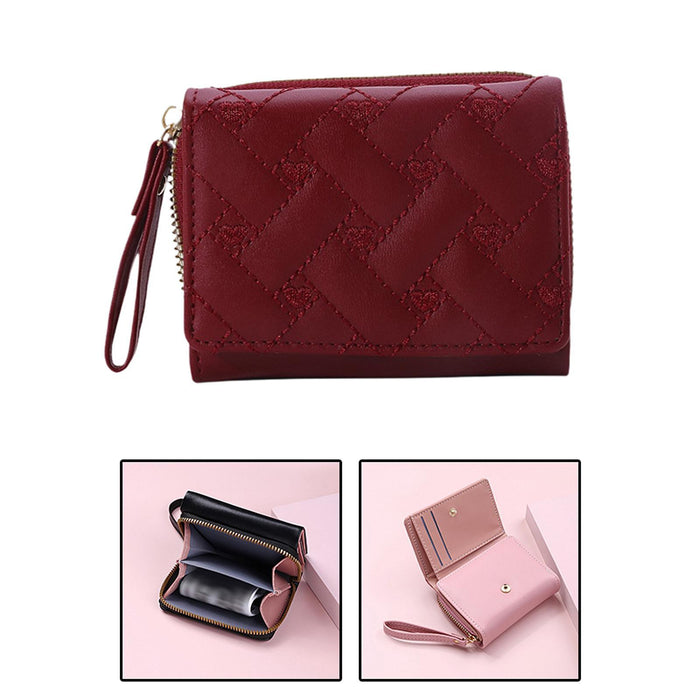 Small Wallet PU Leather Zipper Closure Heart Embroidered Trifold Card Wallet Red