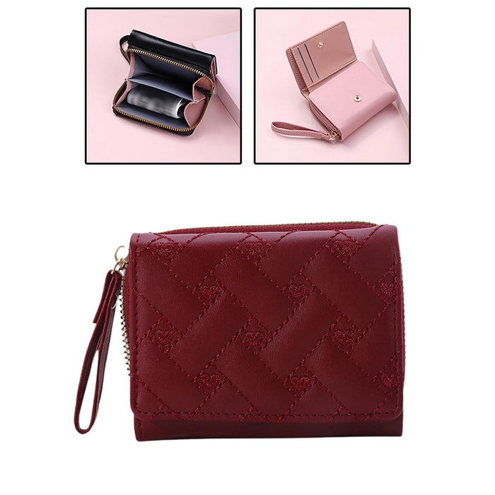 Small Wallet PU Leather Zipper Closure Heart Embroidered Trifold Card Wallet Red