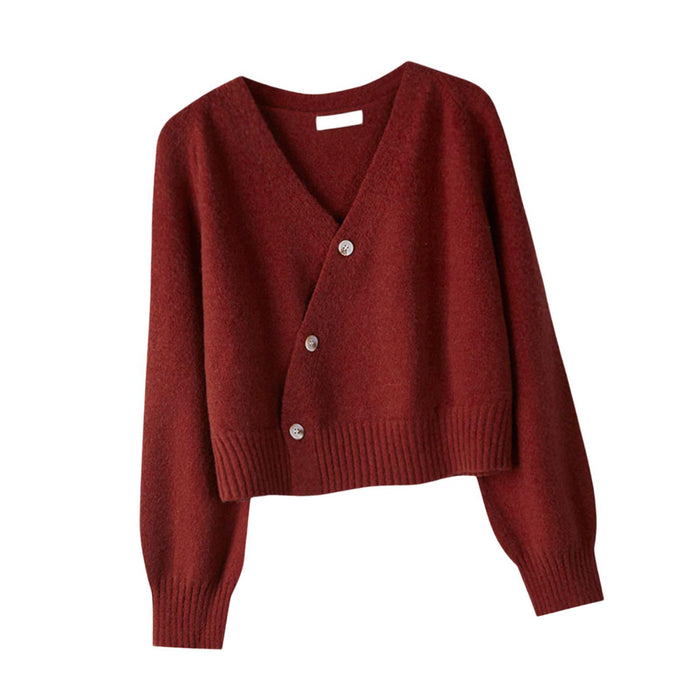 Crofta Women's Cardigan Sweater for Fall Winter Jacket Clothes V Neck Crop Cardigan Burgundy