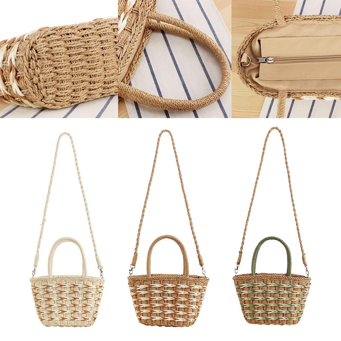 Tote Bag for Women W/ Zipper Weaving Handbag for Shopping Commuting Vacation Beige