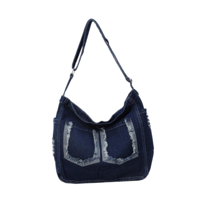 Crofta Women Denim Shoulder Bag Travel Shoulder Bag Retro Style Pouch Jean Tote Bag Dark Blue