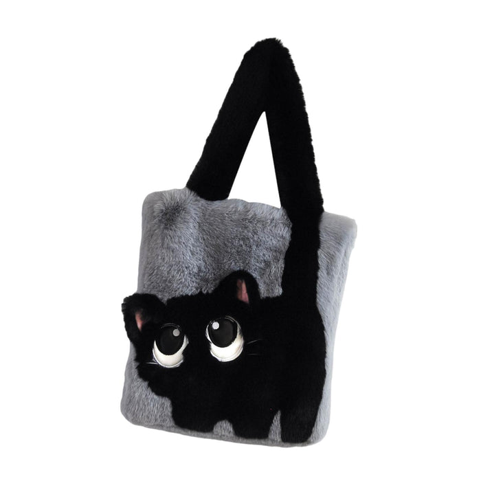 Crofta Tote Bag for Women Shoulder Bag Winter Fluffy Fashion Portable Plush Handbag Gray Black