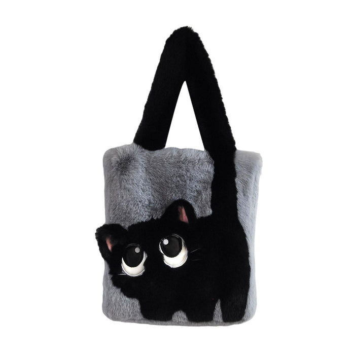 Crofta Tote Bag for Women Shoulder Bag Winter Fluffy Fashion Portable Plush Handbag Gray Black