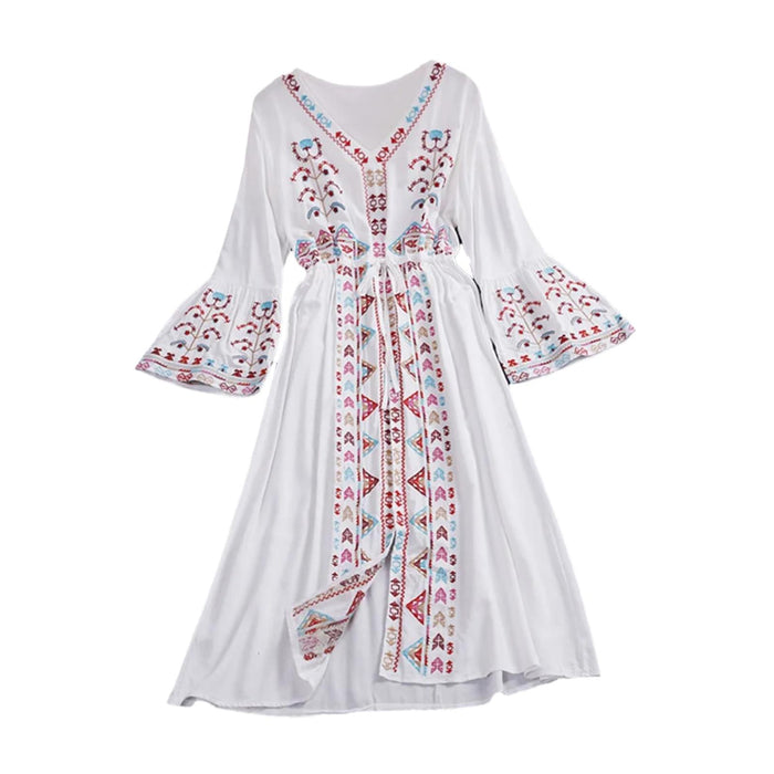 Crofta Women Dress Embroidered Floral Casual Beach Dress for Street Daily Festivals White