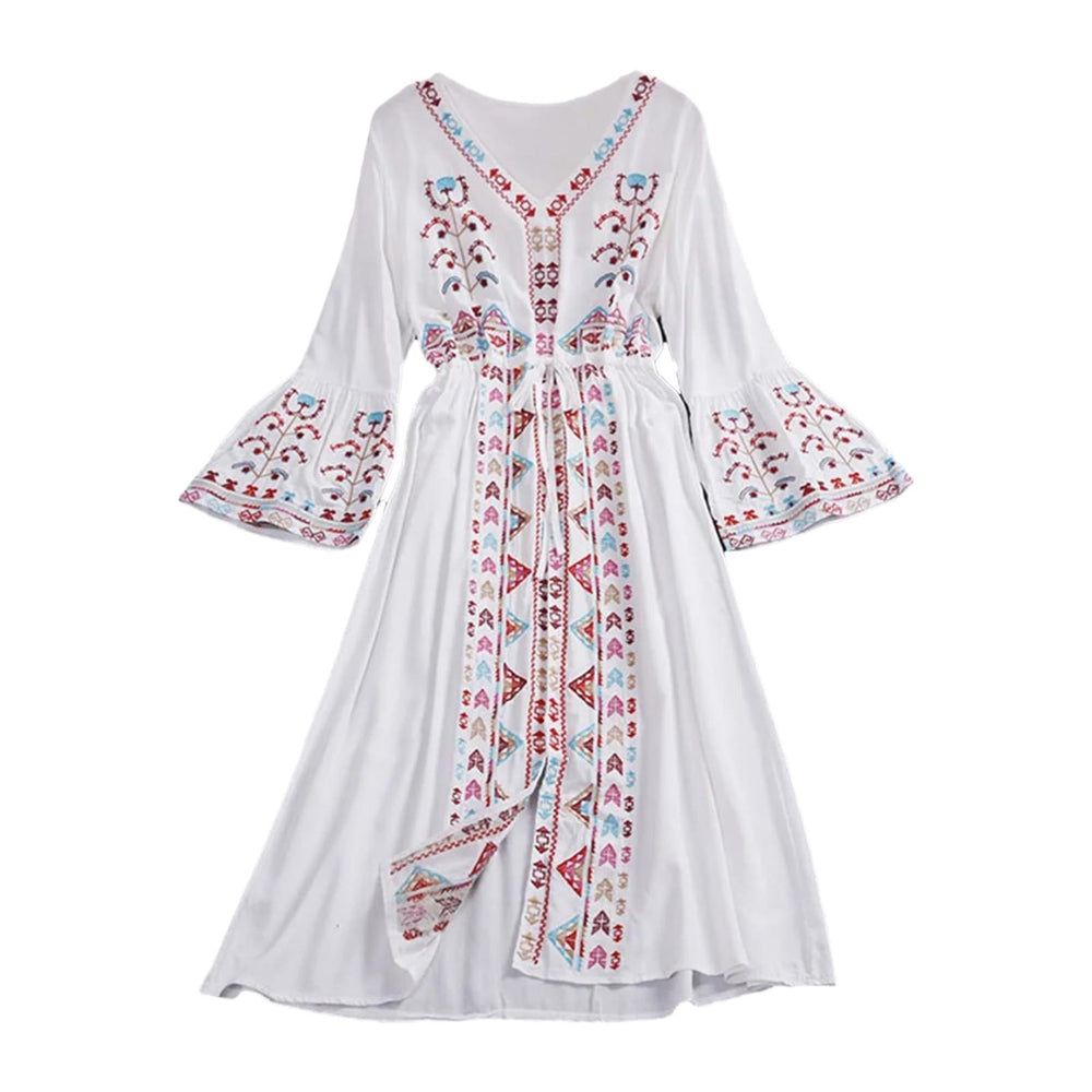 Crofta Women Dress Embroidered Floral Casual Beach Dress for Street Daily Festivals White